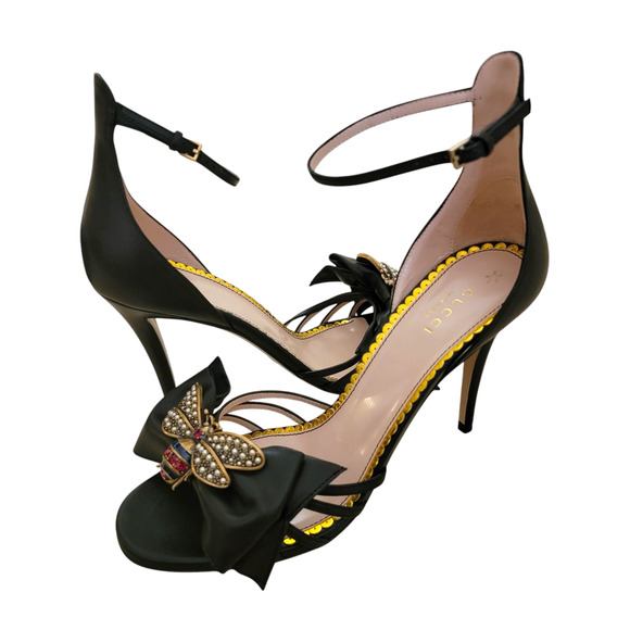 Gucci Bee Queen Margaret High Heels Sandals Bow Black Leather 8 38 New - Picture 12 of 12